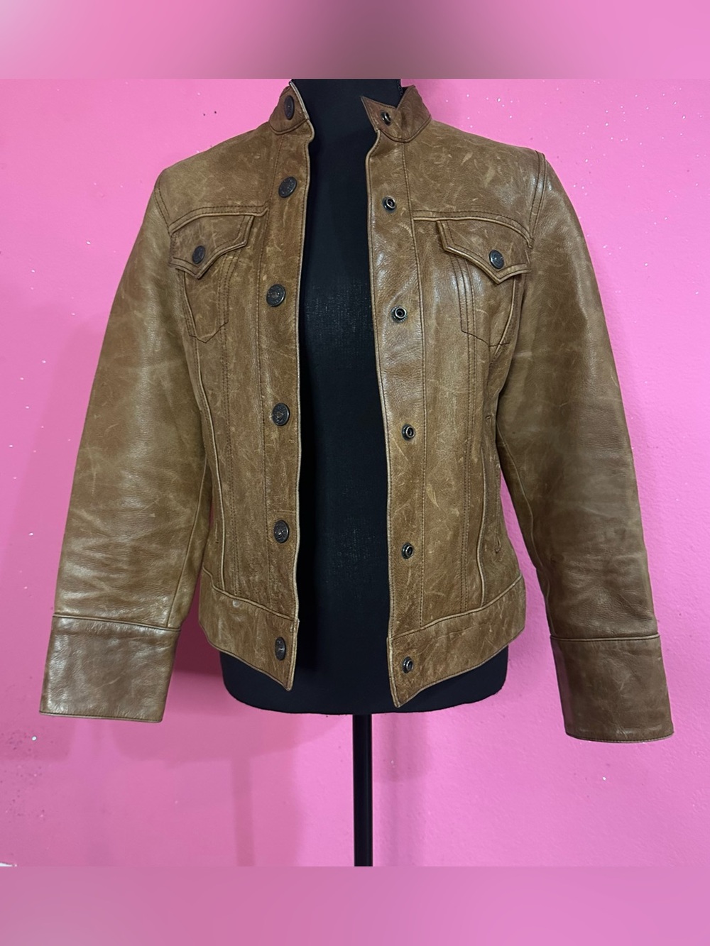 Y2K Gap Brown Leather Jacket Vintage 2003 Patina Moto Biker Indie Sleaze Size XS